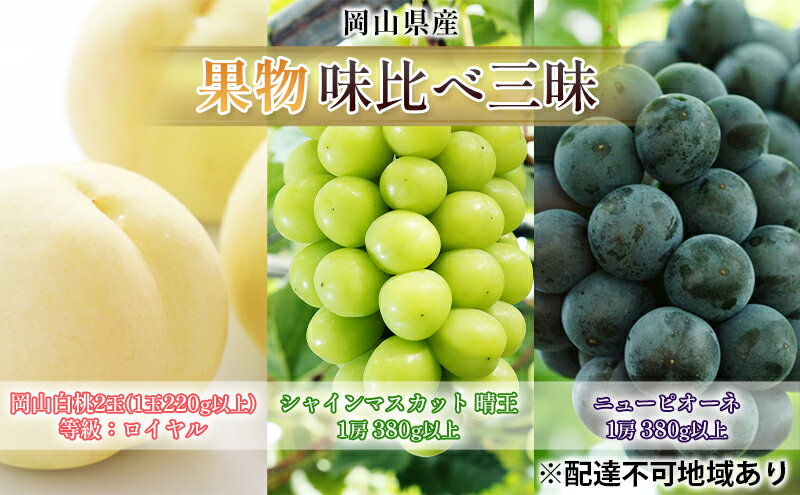 【ふるさと納税】桃 ぶどう 2026年 先行予約 果物 味比べ三昧 岡山白桃 2玉 シャインマスカット 晴王 1房 ニュー ピオーネ 1房 詰合せ 岡山の桃 岡山の葡萄 　お届け：2026年7月上旬～2026年8月上旬