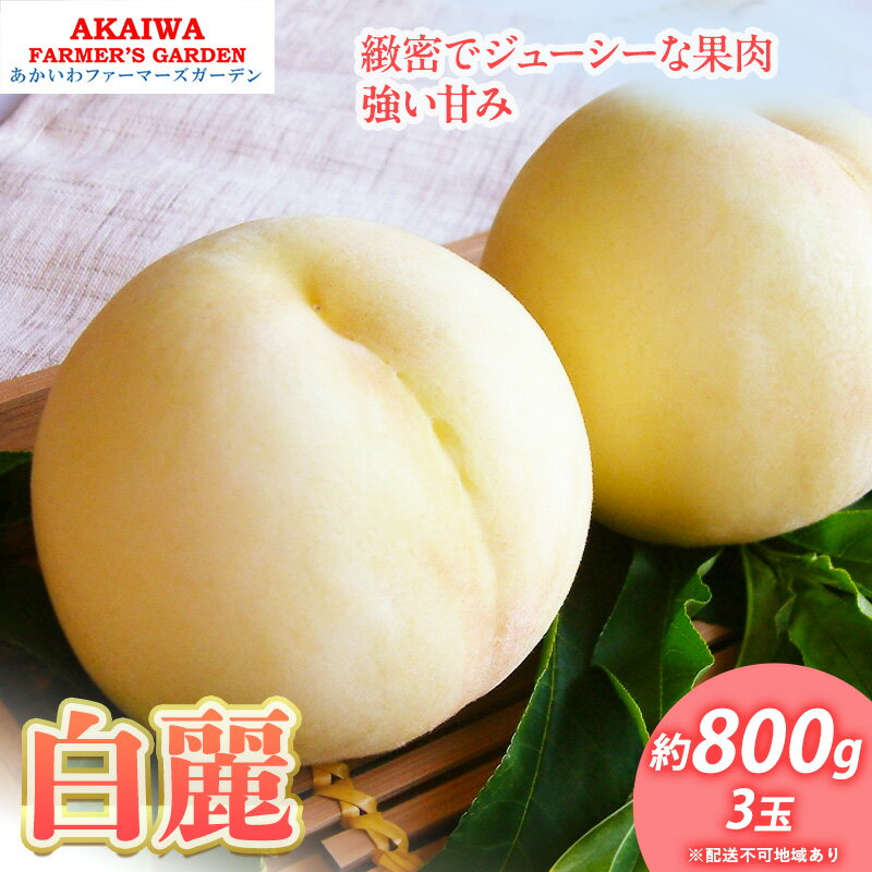 名称白麗内容量白麗（白桃）約800g 3玉／1箱 ※お届け日、時間帯の指定は申し訳ないですが、お受けできません。産地岡山県赤磐市事業者あかいわファーマーズガーデン配送方法常温配送お届け時期2024年8月中旬～2024年8月下旬備考※画像はイメージです。 ※オンライン決済のみの取扱となります。 ※お届け日の指定、時間帯の指定は申し訳ないですが、お受けできません。 ※出荷時期になりましたら、別途メールにてお届けについてのご案内をさせていただきます。 ※天候や収穫状況によりお届けが遅れることがあります。万が一手配ができないときは別途ご連絡させていただく場合がございます。 ※本品は”押し””キズ”等、箱毎に検品を行い、梱包には細心の注意を払い出荷致しますが、輸送中の振動などを原因とする若干の”押し””キズ”等が入る場合もありますので、誠に恐縮ですがご理解の上、お申し込みください。 ※賞味期限：出荷日より常温5日 ※離島へはお届け出来ません。 ※上記のエリアからの申し込みは返礼品の手配が出来ないため、「キャンセル」または「寄附のみ」とさせていただきます。予めご了承ください。 ・ふるさと納税よくある質問はこちら ・寄附申込みのキャンセル、返礼品の変更・返品はできません。あらかじめご了承ください。【ふるさと納税】桃 2024年 先行予約 白桃 白麗 約800g 3玉 もも 岡山県 赤磐市産 フルーツ 果物 あかいわファーマーズガーデン　【果物 もも 桃 フルーツ 果物類 白桃】　お届け：2024年8月中旬～2024年8月下旬 【配送不可：離島】 ●先行予約●2024年の収穫時期に順次出荷します！ 夏の白桃シーズンの中では、やや遅めに収穫される種類の桃です。 果肉はやや硬めですが、滑らかな舌触りと上品な香りが魅力のとても甘い桃。白い肌がとても美しい桃です。 商品到着後は冷暗所で常温にて保存し、賞味期限内に召し上がりください。食べる前30分から1時間ほど、冷水に浸けるか冷蔵庫に入れて冷やすと、よりおいしくお召し上がりいただけます。 白桃 桃 もも モモ 岡山 おかやま 岡山県産 フルーツ 果物 果汁 岡山の桃　Peach ギフト プレゼント 贈答 手土産 お祝い 家庭用 お取り寄せ 取寄せ グルメ 産地直送 寄附金の用途について 市政全般 自然保護 教育振興 福祉増進 産業振興 歴史保存 魅力発信 スポーツ 受領証明書及びワンストップ特例申請書のお届けについて 【受領証明書】 入金確認後、注文内容確認画面の【注文者情報】に記載の住所にお送りいたします。発送の時期は入金確認後3週間～1ヶ月程度を目途に、お礼の特産品とは別にお送りいたします。 【ワンストップ特例申請書】 ワンストップ特例申請書については、12月26日までに入金確認できたもののみ、赤磐市より申請書を郵送させていただきます。27日以降の入金確認となる場合は、以下のURLよりダウンロードしていただくか、自治体マイページよりオンラインワンストップ申請をご利用ください。 ★ダウンロードはこちらURL:https://event.rakuten.co.jp/furusato/guide/onestop/ ★オンライン申請はこちらhttps://event.rakuten.co.jp/furusato/guide/onestop/online/ 郵送の場合、寄付をされた翌年の1月10日までに申請書が当庁まで届くように発送ください。オンライン申請の場合も寄附をされた翌年の1月10日までに申請してください。マイナンバーに関する添付書類に漏れのないようご注意ください。