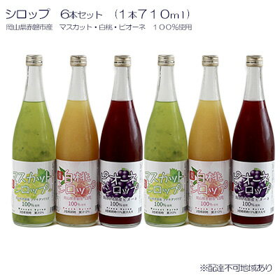 【ふるさと納税】シロップ 6本 セット （各2本710ml） 岡山県 赤磐市産 マスカット ・ 白桃 ・ ピオーネ 100％使用 加工食品 フルーツ ドリンク 飲み物 ノンアル ジュース ぶどう 葡萄 ブドウ モモ もも セット　【 果肉入り 果汁 果物 特産品 炭酸 水割り 甘い 】