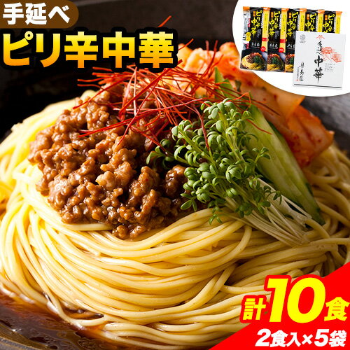 手延べピリ辛中華 タレ付き 1袋300g ( 麺 180g スープ 60g×2 ) 2食入 × 5袋 計10食 奥島屋 株式会社奥島創麺巧房[30日以内に発送予定(土日祝除く)]岡山県 浅口市 送料無料 中華麺 冷やし中華 冷麺 細麺 豆板醤 ゴマ油