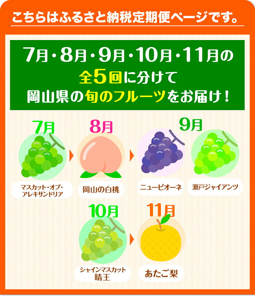 【ふるさと納税】［先行予約］ 定期便5回コース マスカット・オブ・アレキサンドリア 1房 岡山の白桃 6玉 ニューピオーネ 1房 瀬戸ジャイアンツ 1房 シャインマスカット 晴王 2房 あたご梨 2玉 株式会社山博(中本青果) 《2025年7月上旬-11月下旬頃出荷》【配送不可地域あり】