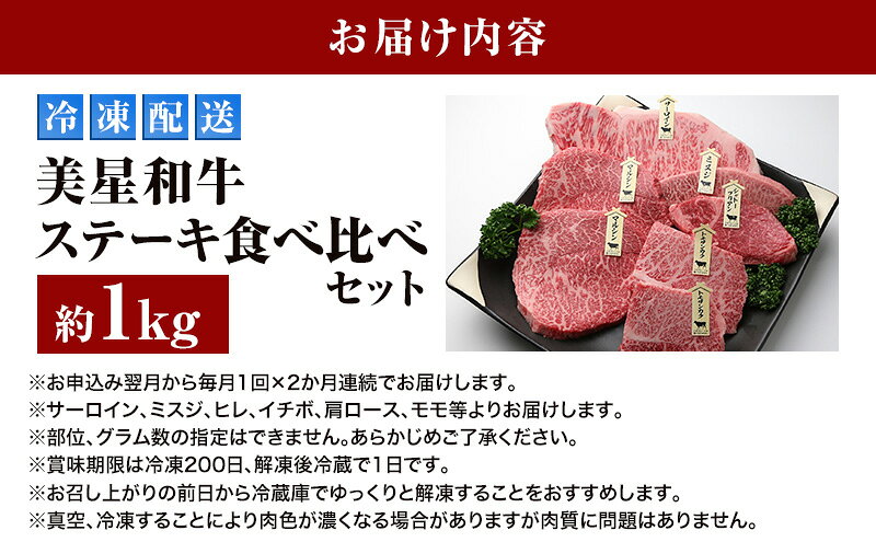【ふるさと納税】【定期便 2回 毎月届く】美星和牛 ステーキ食べ比べセット 各回約1.0kg 牛肉 岡山県 里庄町 送料無料　お届け：準備でき次第、順次発送いたします。 f334456-satosho-10001001 岡山県里庄町 サンプル画像2
