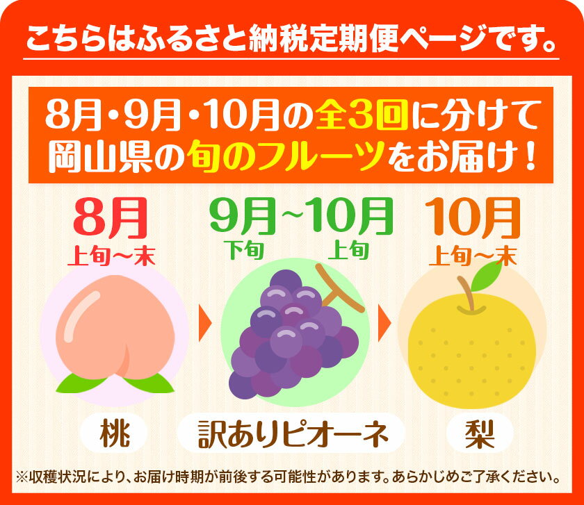 【ふるさと納税】 【先行予約】 旬の フルーツ頒布会 ミニ 全3回 桃 約1kg(3～5玉前後) ピオーネ 1房 (約650g) 梨 約4kg (3～8玉前後) 《2024年8月上旬～11月中旬頃より発送予定》フルーツ 果物 ご家庭用 定期便 お取り寄せ デザート 送料無料