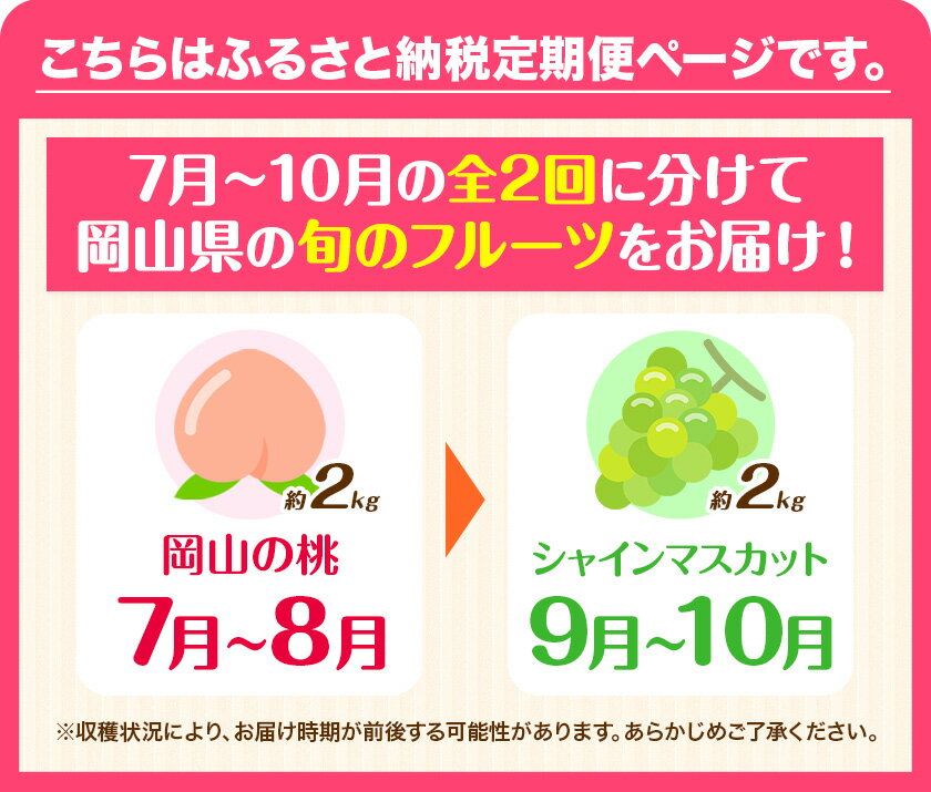 【ふるさと納税】 岡山県産 旬の 人気 くだもの 定期便 全2回 約1kg~2kg シャインマスカット 約650g~2kg 《7月上旬〜11月中旬頃より発送予定》フルーツ 果物 定期便 先行予約 お取り寄せ デザート フルーツ定期便 果物定期便 くだもの定期便 送料無料
