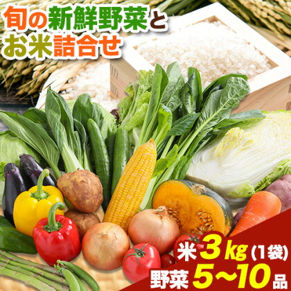 旬の新鮮野菜とお米詰め合わせセット 野菜5～10品目入 青空市きらり《30日以内に出荷予定》岡山県 矢掛町 野菜 野菜詰め合わせ 米 米3kg トマト きゅうり アスパラガス 玉ねぎ リーキ 送料無料