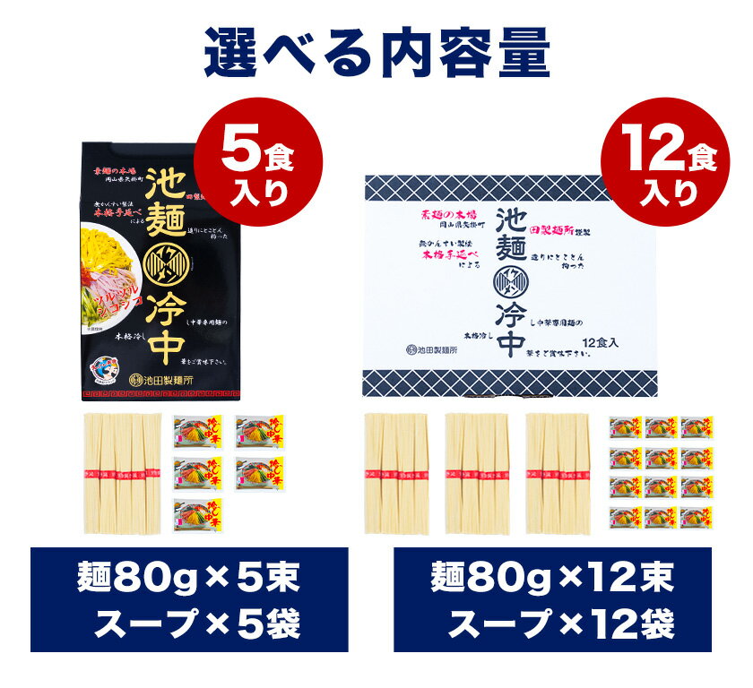 【ふるさと納税】冷やし中華 選べる 内容量 5食セット(麺80g×5束、スープ5袋) 12食セット(麺80g×12束、スープ12袋) スープ付き 池田製麺所《30日以内に出荷予定(土日祝除く)》岡山県 矢掛町 中華麺 手延べ 冷やし中華専用麺 送料無料