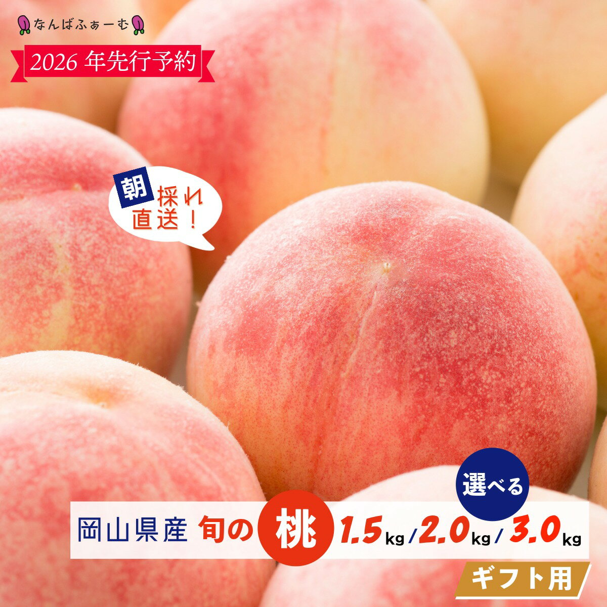 【ふるさと納税】＜2026年先行予約＞＜選べる容量＞［なんばふぁーむ］岡山県産 旬の桃［ギフト用］1.5kg（4～6玉）or 2.0kg（6～9玉）or 3.0kg（9～13玉） | 期間限定 数量限定 桃 もも モモ 甘い フルーツ 果物 くだもの 新鮮 岡山県 鏡野町 送料無料【2026年発送】のサムネイル
