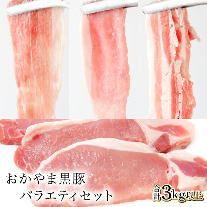 おかやま黒豚 バラエティセット3kg以上（ロースカツ900g & しゃぶしゃぶ用スライス3種2100g) 食べ比べ 肉厚 極薄 豚しゃぶ 豚バラ ロース もも とんかつ ブランドポーク スライス 小分け 冷凍 岡山県産 奈義町 送料無料【配送不可地域：離島】【5830310】