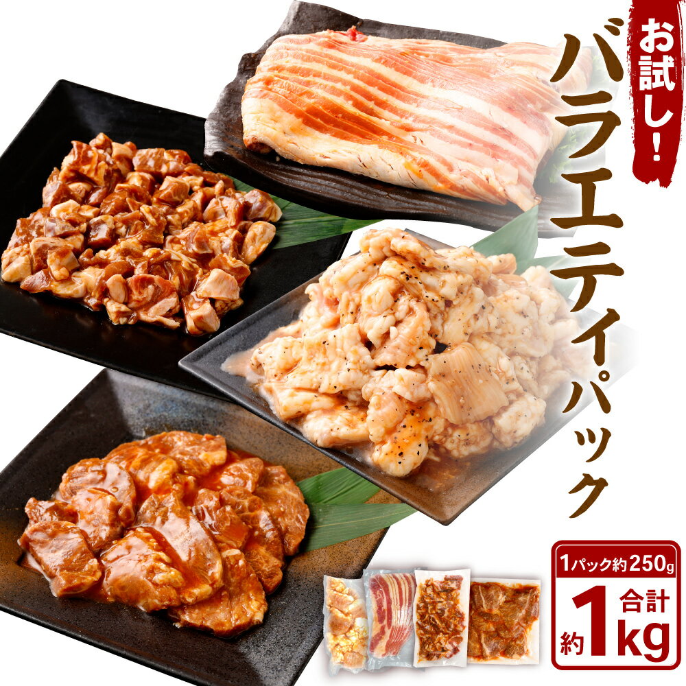 お試し!バラエティパック(牛ハラミ・豚ハラミ・タレ漬け牛カルビ・タレ漬け牛ホルモン)250g×1パック 計1kg お肉 肉 牛肉 豚肉 はらみ ハラミ たれ漬け 焼くだけ BBQ 焼肉 焼き肉 バーベキュー セット 詰め合わせ 冷凍 岡山県 奈義町 送料無料