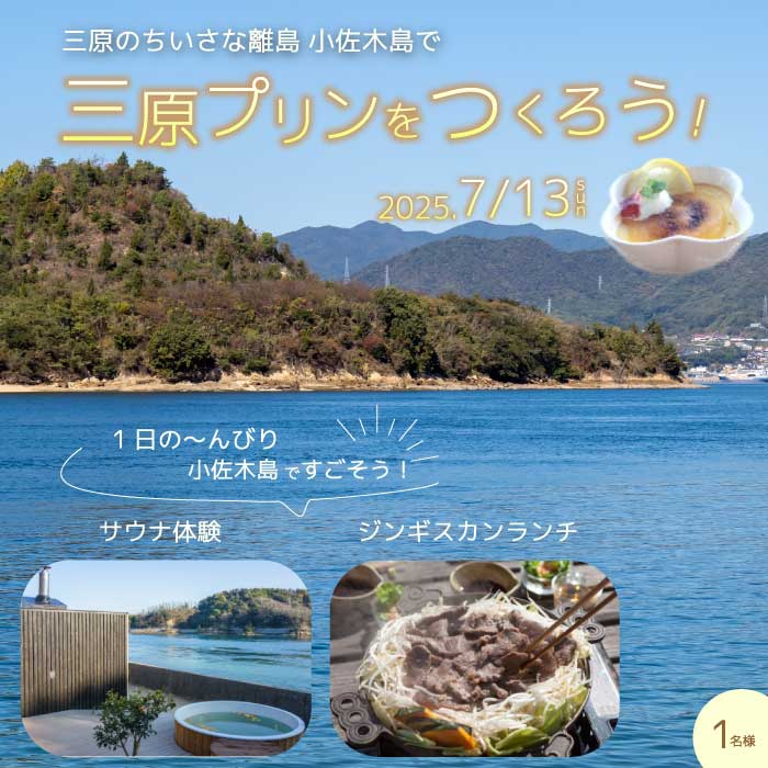 [体験チケット]小佐木島ゆっくり滞在みはらプリンづくり体験ツアー 1名様分 2025年7月13日 食育体験 瀬戸内海 離島 自然 ランチ付き サウナ 休暇 島暮らし 季節の果物 オリジナル 非日常 特別 043033