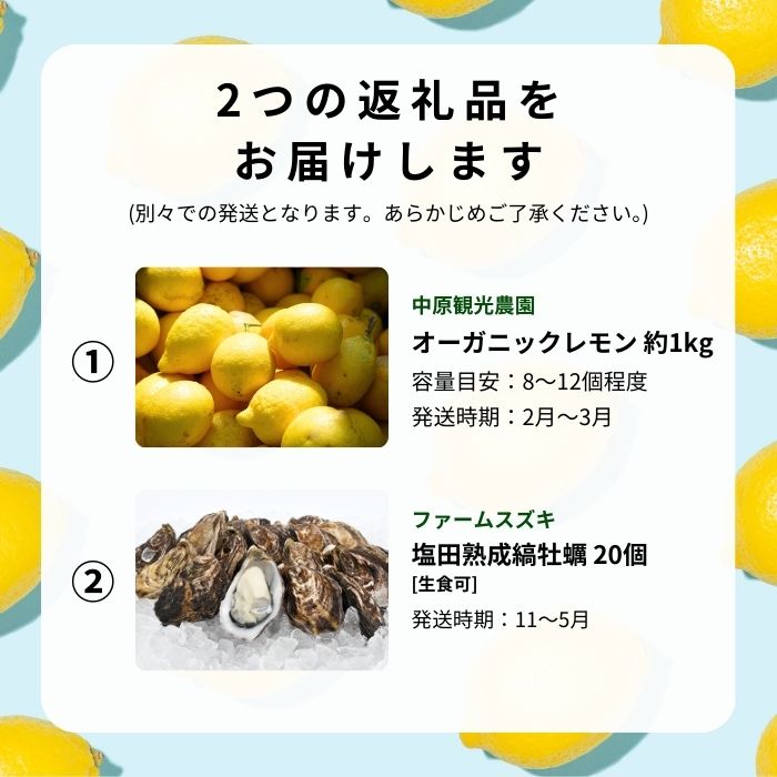 【ふるさと納税】オーガニックレモン 1kg(2~3月発送) / 生食可 塩田熟成縞牡蠣 クレールストライプオイスター 20個(11~5月発送) オーガニック 有機栽培 有機JAS れもん 牡蠣 濃厚 熟成 養殖 晩酌 国産 瀬戸内 免疫力向上 健康 ビタミンC 【NHK うまいッ！で紹介】