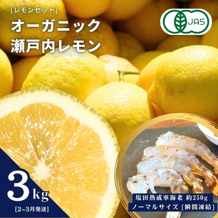 【ふるさと納税】レモンセット オーガニック瀬戸内レモン 3kg(2~3月発送) / 塩田熟成活車海老 250g ノーマルサイズ オーガニック 有機レモン 有機JAS レモン えび エビ エビフライ 国産 瀬戸内 濃厚 甘さ控えめ 免疫力向上 健康 ビタミンC クエン酸 抗酸化 ソーダ 炭酸水
