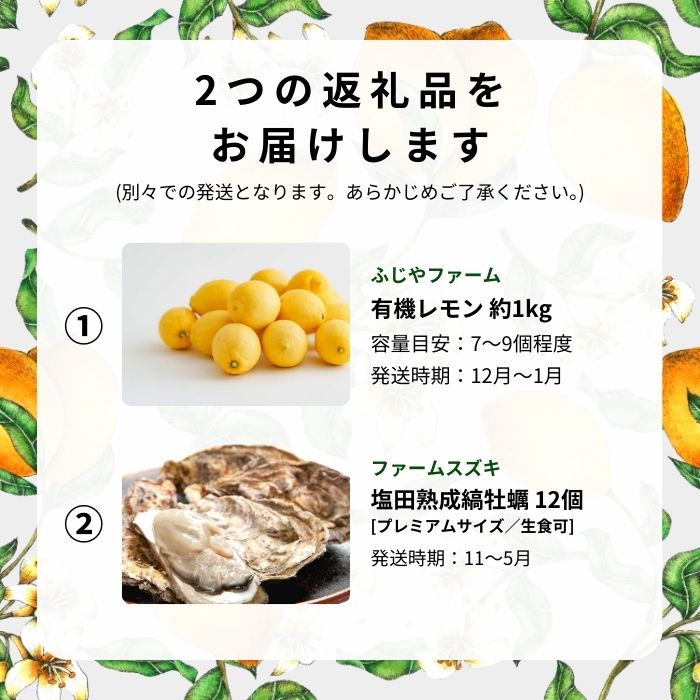 【ふるさと納税】広島有機レモン 1kg(12~6月発送) / 生食可 塩田熟成牡蠣 クレールオイスター プレミアムサイズ 12個(11~5月発送) オーガニック 有機栽培 有機JAS れもん 牡蠣 濃厚 熟成 養殖 晩酌 国産 瀬戸内 免疫力向上 健康 ビタミンC クエン酸 抗酸化 ソーダ 炭酸水
