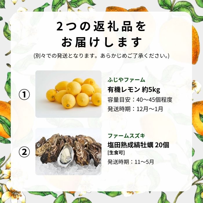 【ふるさと納税】広島有機レモン 5kg(12~1月発送) / 生食可 塩田熟成縞牡蠣 クレールストライプオイスター 20個(11~5月発送) オーガニック 有機栽培 有機JAS れもん 牡蠣 濃厚 熟成 養殖 晩酌 国産 瀬戸内 免疫力向上 健康 ビタミンC 【NHK うまいッ！で紹介】