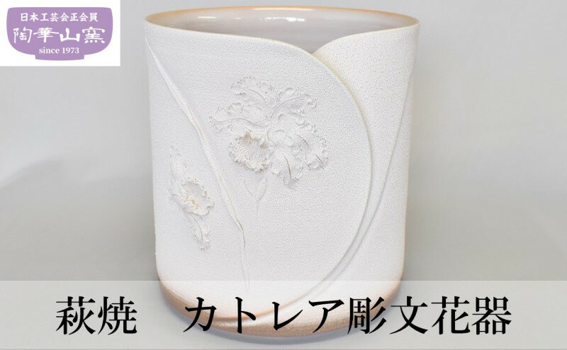 萩焼 花器 花瓶 カトレア 彫文 [ インテリア 工芸品 花瓶 カトレアの花 和室洋室問わず 径26cm×高さ28cm 木箱入り ]