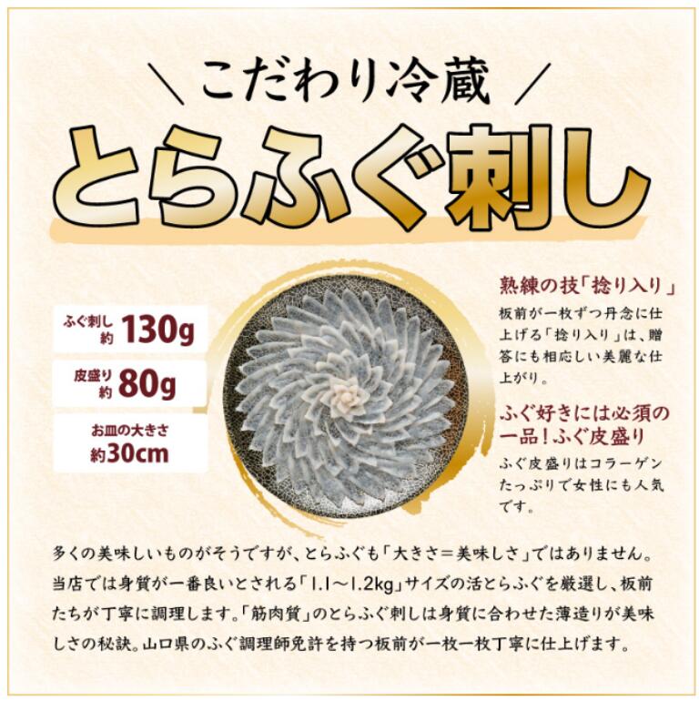 【ふるさと納税】とらふぐ刺身 4人前 ふぐ 刺身 てっさ ふぐ刺し 冷蔵（とらふぐ刺身130g ふぐ皮湯引き80g ポン酢・薬味付き） きらく 長門市 配送日指定可能 日時指定可能 (1363)