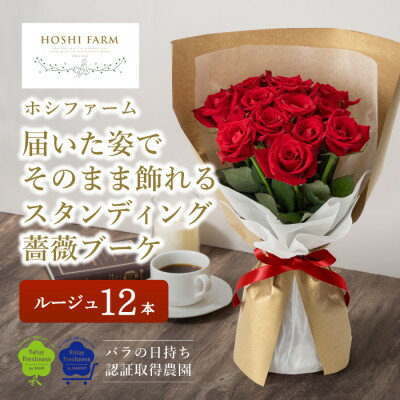 ホシファーム 届いた姿でそのまま飾れるスタンディング薔薇ブーケ ルージュ12本[配送不可地域:離島]