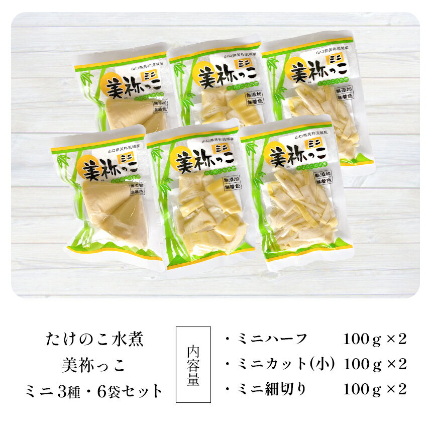 【ふるさと納税】 美祢っ子 無添加たけのこの水煮 (ミニ3種・6個セット) ｜ 山口県 美祢市 美祢 食品 たけのこ 筍 タケノコ 水煮 美味しい おいしい 健康 国産 野菜 無添加 無着色 特産品 名産品 支援品 お取り寄せ ご当地 食材 ヘルシー 取り寄せ おせち お節