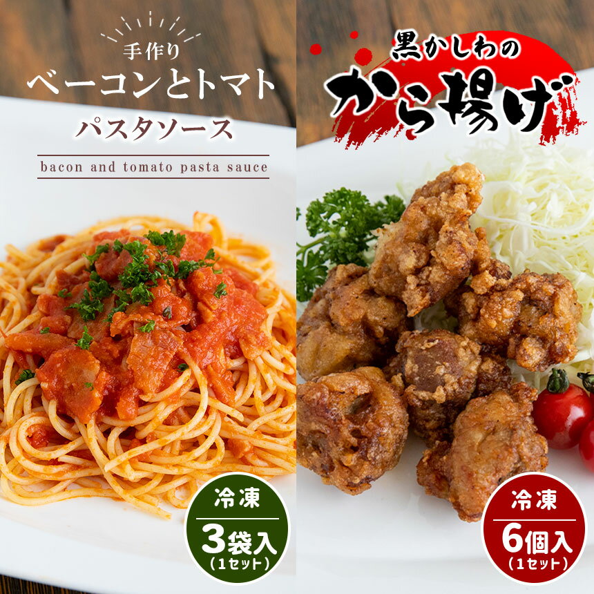 【ふるさと納税】 手作り ベーコンとトマトのパスタソース&黒かしわのから揚げ 【冷凍】 | パスタソーストマトソース からあげ 黒かしわ 地鶏 鶏 鶏肉 トマト ベーコン 惣菜 手作り セット 詰め合わせ 冷凍 特産品 山口 美祢市 美祢