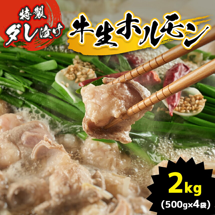 牛肉(ホルモン)人気ランク4位　口コミ数「1件」評価「4」「【ふるさと納税】特製ダレ漬け 牛生ホルモン 2kg ｜ ホルモン もつ鍋 鍋 焼肉 バーベキュー モツ 小腸 ホルモン 焼き 特製ダレ 味付き 名物 ソウルフード 肉 にく 牛 特性醤油 地元 地元の味 美祢市 山口県 美祢 2kg」