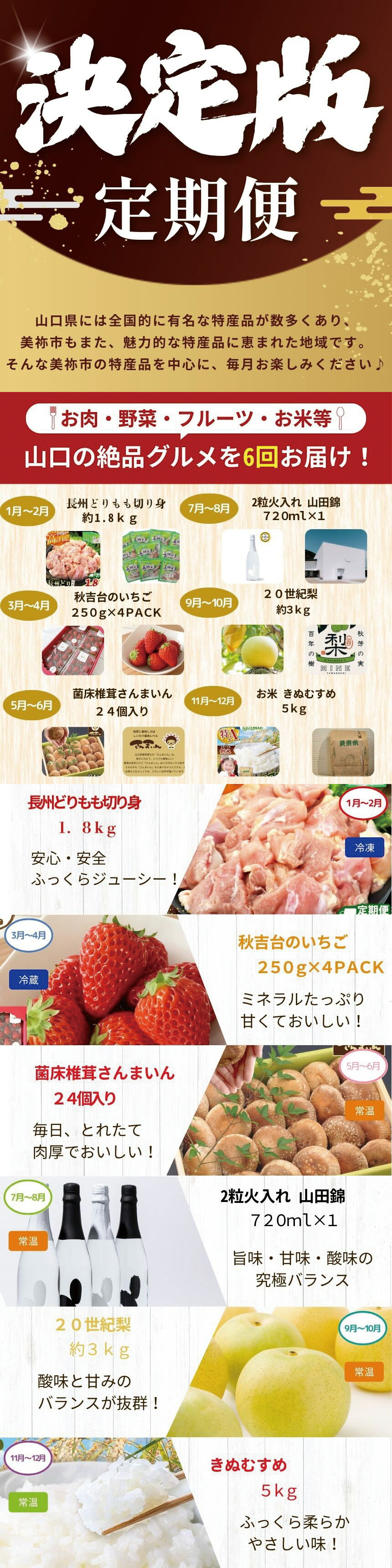 【ふるさと納税】 【 定期便 】決定版 ! 美祢市の旬 ・ バラエティ定期便（ 全6回 ） ｜ 6回 数量限定 肉 鶏肉 果物 苺 いちご イチゴ フルーツ 野菜 椎茸 しいたけ お酒 酒 米 日本酒 お米 米 きぬむすめ 絹娘 特A 山口 県 美祢市 秋吉台 高原 ふるさと 納税 定期便