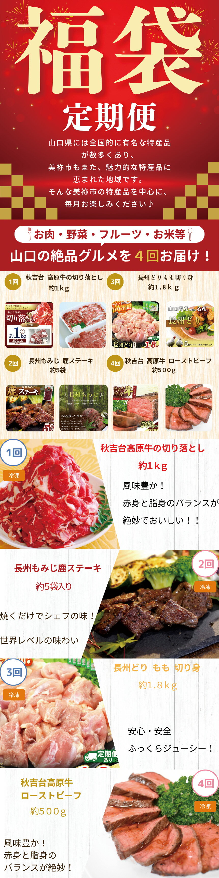 【ふるさと納税】 【 定期便 】美祢市の旬 ・ お得な福袋（ 全4回 ） ｜ 数量限定 お肉 肉 牛肉 切り落とし 牛 にく 国産 国産牛 鹿肉 ステーキ ジビエ もみじ 長州 鶏 鶏肉 もも とり 切り身 ロースト ビーフ 山口 県 美祢市 秋吉台 高原 ふるさと 納税 定期便