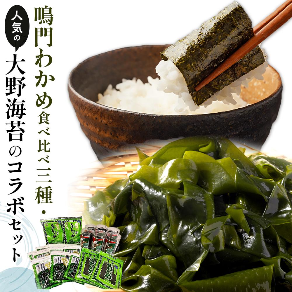 【ふるさと納税】鳴門わかめ食べ比べ三種、人気の大野海苔のコラボセット | 藻 魚介類 水産 食品 海鮮 海産 海苔 のり 詰め合わせ 詰合せ 小分け 味噌汁 酢の物 サラダ 簡単調理 手軽 人気 おすすめ 送料無料 乾燥わかめ 海の幸 徳島