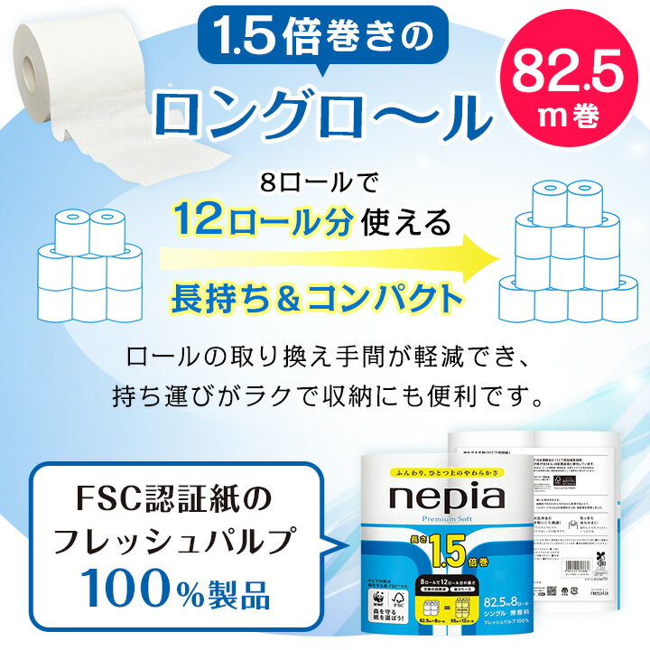 【ふるさと納税】 ネピア プレミアムソフト トイレットロール 8ロール シングル 82.5m 無香料 (8パック) トイレットペーパー _ 1.5倍 日用品 防災 備蓄 生活用品 消耗品 【1317629】