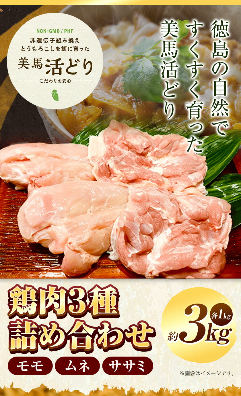 【ふるさと納税】鶏肉 3kg 3種 詰合せ もも 株式会社 かねひ活鳥 《30日以内に出荷予定(土日祝除く)》肉 鶏 鶏肉 もも むね ささみ 送料無料 徳島県 美馬市