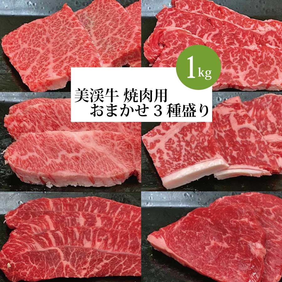 美渓牛 焼き肉用 おまかせ3種 1kg ( イチボ ミスジ ヒウチ カイノミ ランプ バラ ロース モモ クリ ハネシタ )