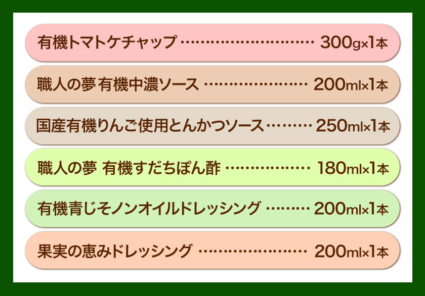 【ふるさと納税】＜光食品＞ 有機 調味料 セットB 6種 光食品 株式会社 《30日以内順次出荷(土日祝除く)》無添加 調味料 バラエティーセット 中農ソース とんかつソース ケチャップ ドレッシング ノンオイル 無農薬栽培 徳島県 上板町 3