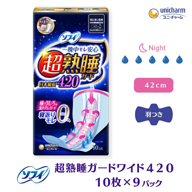 ソフィ超熟睡ガード ワイドG420 10枚×9 [ 日用品 生理用品 ナプキン ギャザー付き モレ防止 ] お届け:ご寄附(ご入金)確認後、約2週間〜1カ月程度でお届けとなります。