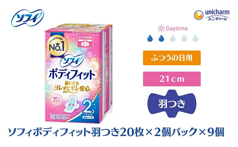 【ふるさと納税】ソフィボディフィット 羽つき 20枚×2個パック×9　【 日用品 生理用品 ナプキン ボディフィット 羽付き 】　お届け：ご寄附（ご入金）確認後、約2週間～1カ月程度でお届けとなります。