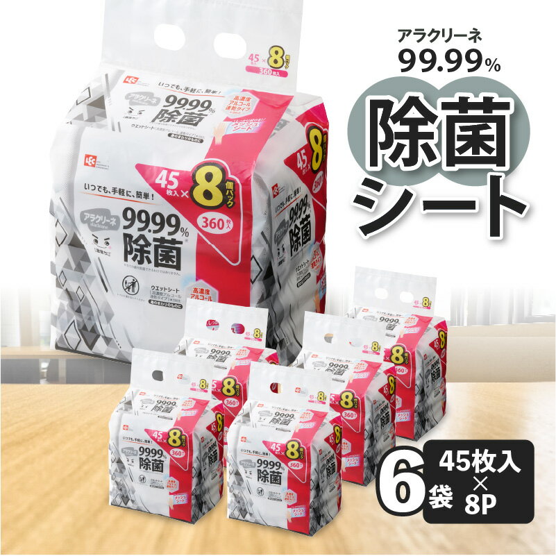 除菌シート アルコール タイプ 45枚 8パック 6袋 99.99%除菌 日本製 高濃度 速乾 ウエットシート メッシュシート アラクリーネ シート 持ち歩きに便利 コンパクトサイズ オーバーストップ機能付き レックケミカル 日用品 送料無料