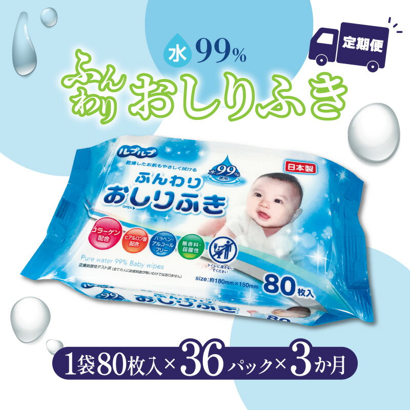 [3か月定期便]LD-210 ふんわりおしりふき 水99%(80枚入り×3P)×12セット 合計36パック×3か月 日用品