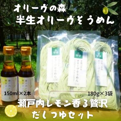 楽天香川県土庄町【ふるさと納税】オリーヴの森　半生オリーヴそうめんと瀬戸内レモン香る贅沢だしつゆセット　【麺類 そうめん 素麺 出汁 だし だし醤油 しょうゆ 味付け 調味料 さっぱり 夏バテ お昼ご飯 夏休み】