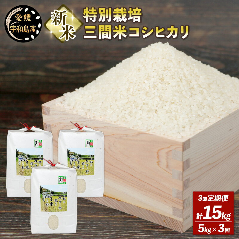 新米 3回 定期便 計 15kg 特別栽培 三間米 コシヒカリ 5kg × 3 高秋農園 米 玄米 ごはん お弁当 おにぎり ブランド米 ふっくら ツヤツヤ 甘い 粘り 国産 愛媛 宇和島