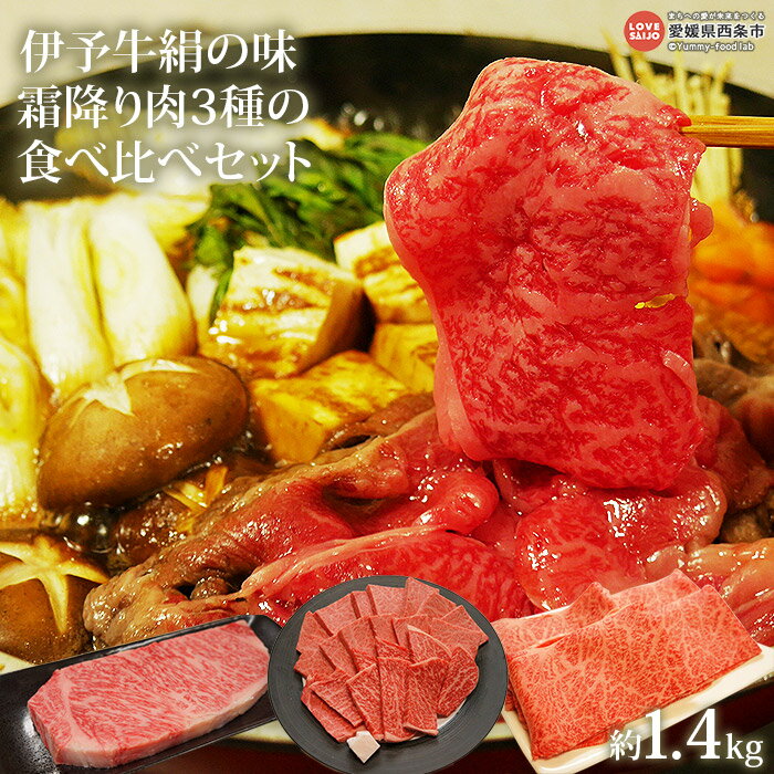 ＜伊予牛絹の味(A4,A5) 霜降り肉3種の食べ比べセット 合計約1.4kg＞※翌月末迄に順次出荷 牛肉 黒毛和牛 国産 ロース サーロイン しもふり すき焼き スライス 薄切り 焼肉 ステーキ BBQ バーベキュー アウトドア お楽しみ 青野精肉店 愛媛県 西条市【冷凍】