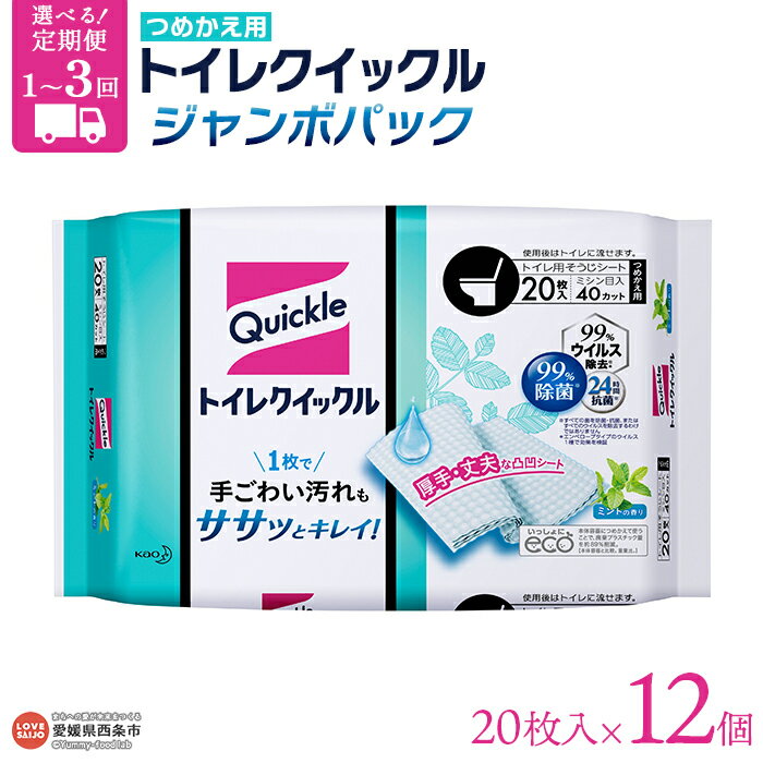 【ふるさと納税】<トイレクイックル つめかえ用 ジャンボパック (20枚×12個) 1~3回定期便>※通常:最短2週間~1か月程度で順次出荷 花王 詰め替え 拭き掃除 シート そうじ 厚手 清潔 除菌 抗菌 トイレに流せる 使い捨て 日用消耗品 生活雑貨 備蓄品 愛媛県 西条市
