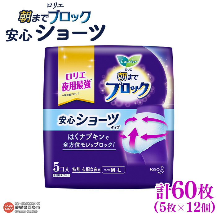 [ロリエ 朝までブロック 安心ショーツ 計60枚(5枚×12個)] ※翌月末迄に順次出荷します。 花王 生理用品 ナプキン 夜用 多い日 履くタイプ パンツ型 医薬部外品 日用品 消耗品 生活用品 生活雑貨 防災グッズ 備蓄 愛媛県 西条市 [常温]