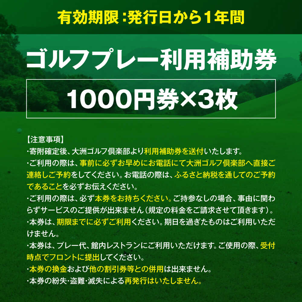 【ふるさと納税】 ゴルフプレー利用補助券 大洲ゴルフ倶楽部 1000円券×3枚 クーポン 割引券 利用券 愛媛県大洲市/大洲観光株式会社[AGDI001] ゴルフ ゴルフ場 プレー プレー券 観光 旅行 プレーチケット チケット 体験 おすすめ 人気 お取り寄せ 送料無料 贈答 ギフト
