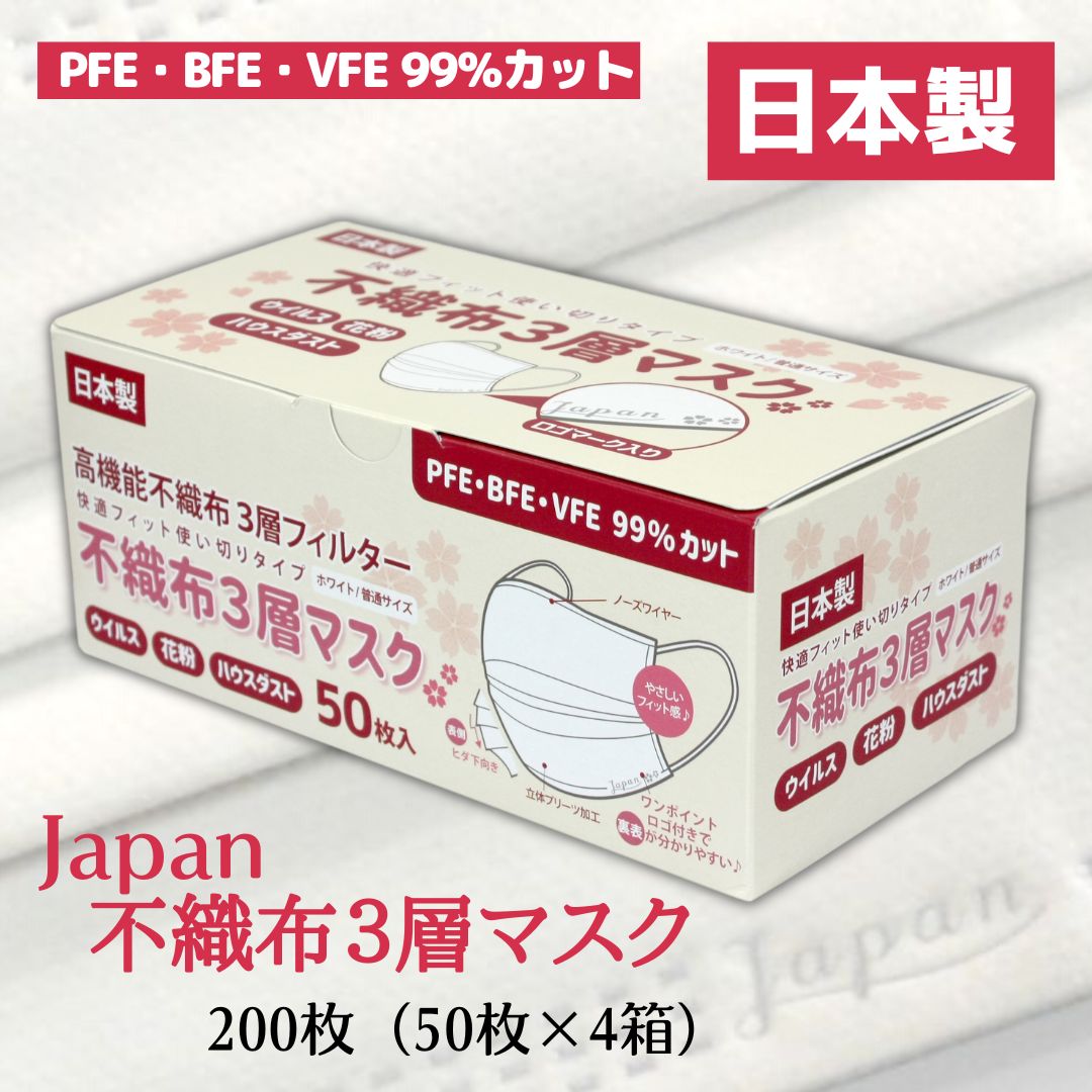 【ふるさと納税】マスク 日本製 不織布3層マスク Japan桜 200枚【50枚×4箱】 人気 日用品 消耗品 国産 使い捨て 送料無料 返礼品 伊予市｜B58