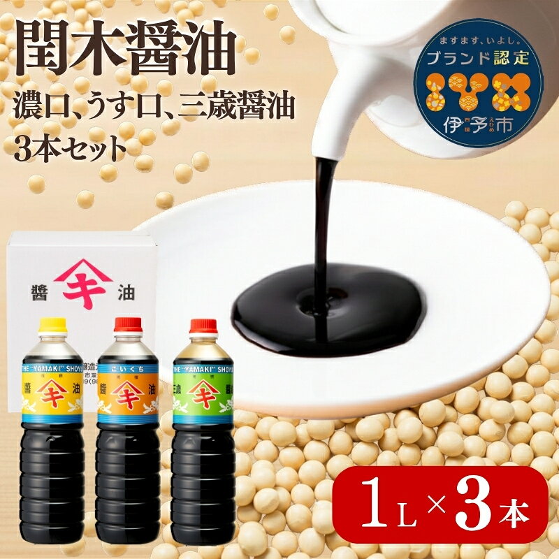 調味料 愛媛 閏木醤油(濃口、うす口、三歳醤油)3本セット 送料無料 三歳醤油 濃口醤油 薄口醤油 しょうゆ こいくち うすくち 老舗 伊予市|