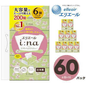 【ふるさと納税】エリエール i:na(イーナ) ティッシュー ペーパー ソフトパック 60パック 6パック × 10 200組 パルプ100% やわらか ティッシュペーパー 箱なし エコ 持ち運び 車内 お出かけ 日用品 消耗品 新生活 備蓄 防災 送料無料 愛媛県 四国中央市 日本一 紙のまち