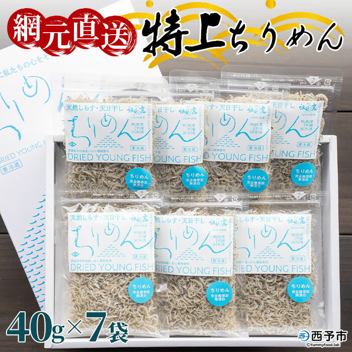 [天日干し 特上ちりめん 合計280g(40g×7袋)ギフト箱入り] じゃこ しらす 小魚 さかな ごはんのお供 贈答 贈り物 御礼 お礼 小分け 無添加 海鮮 海産物 おつまみ おやつ 産地直送 網元・祇園丸 愛媛県 西予市 [冷蔵]『1か月以内に順次出荷』