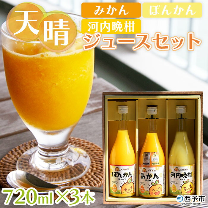 ＜天晴みかん・ぽんかん・河内晩柑ジュースセット 3本（720ml入り×各種1本）＞ フルーツ 果物 柑橘 みかん 瓶 加工品 オレンジジュース 詰め合わせ 天晴農園 あっぱれ農園 特産品 愛媛県 西予市 【常温】『1か月以内に順次出荷予定』