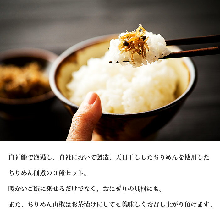 自社船で漁獲し 自社において製造 天日干ししたちりめんを使用したちりめん佃煮の3種セット ちりめん佃煮セット 3種計7袋 1か月以内に順次出荷します 山椒 特産品 西予市 正規認証品 新規格 ゆず 柚子 愛媛県 今市水産 生姜