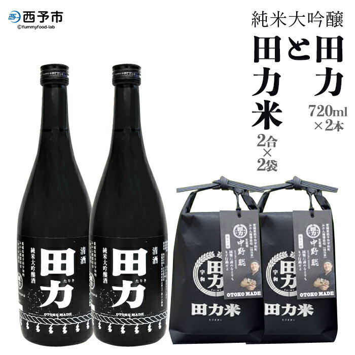 ＜純米大吟醸 田力（750ml×2本）と田力米（2合×2袋）セット＞※1か月以内に順次出荷します。日本酒 お米 酒米 松山三井 にこまる 特産品 晩酌 お祝い 内祝い 家飲み 宅飲み 中辛口 元見屋酒店 愛媛県 西予市【冷蔵】