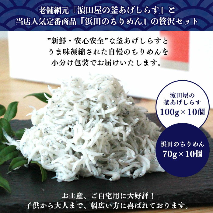 【ふるさと納税】＜老舗網元 濱田屋セレクト大 釜あげしらす(100g×10個)＆ちりめん(70g×10個) 合計1.7kg＞釜揚げ シラス じゃこ 海鮮 海産物 丼 おにぎり 具材 ご飯 おつまみ おやつ 小魚 乾物 国産 マルヨシ水産 特産品 愛媛県 西予市【冷凍】『1か月以内に順次出荷予定』