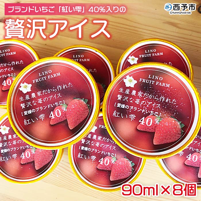 [ブランドいちご「紅い雫」40%入りの贅沢アイス(90ml×8個)]※1か月以内に順次出荷します。 アイスクリーム あいすくりーむ ミルクアイス 果物 フルーツ イチゴ 苺 紅い雫 デザート スイーツ カップ りの果樹園 愛媛県 西予市 [冷凍]